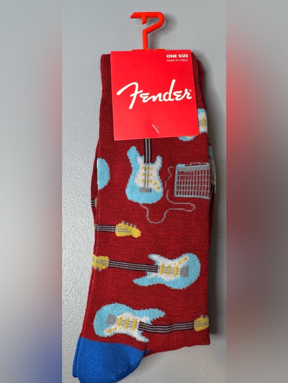 Fender Red Crew Socks with Light Blue Guitar Motif music lovers amplifier